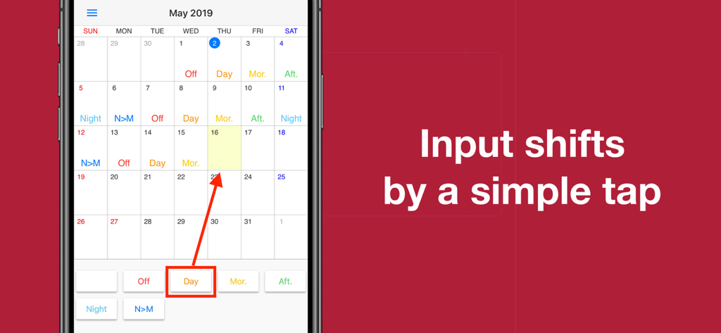 Shift Work Calendar Planner - Interface of the Shift Work Calendar Planner app showing how to input work shifts with a simple tap on the calendar