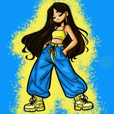 girl in baggy pants crop top and long hair