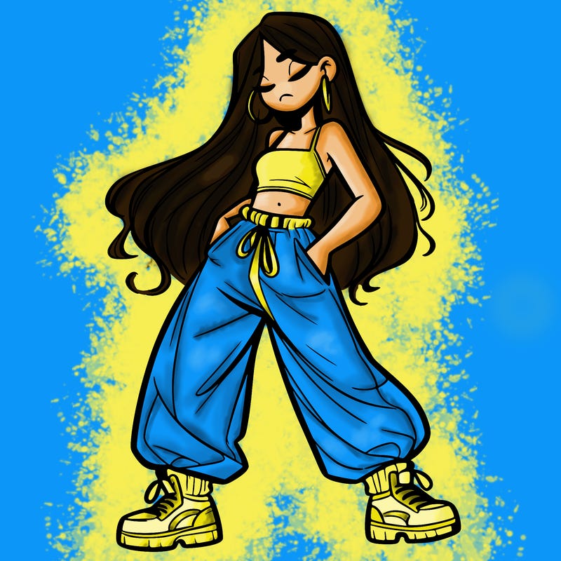 girl in baggy pants crop top and long hair