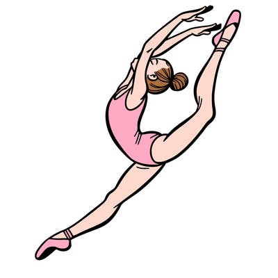 gymnast doing a leap in a leotard with a bent back leg