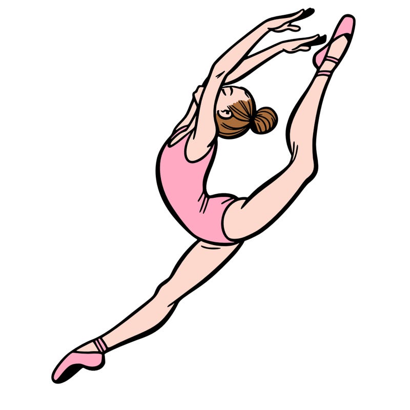 gymnast doing a leap in a leotard with a bent back leg