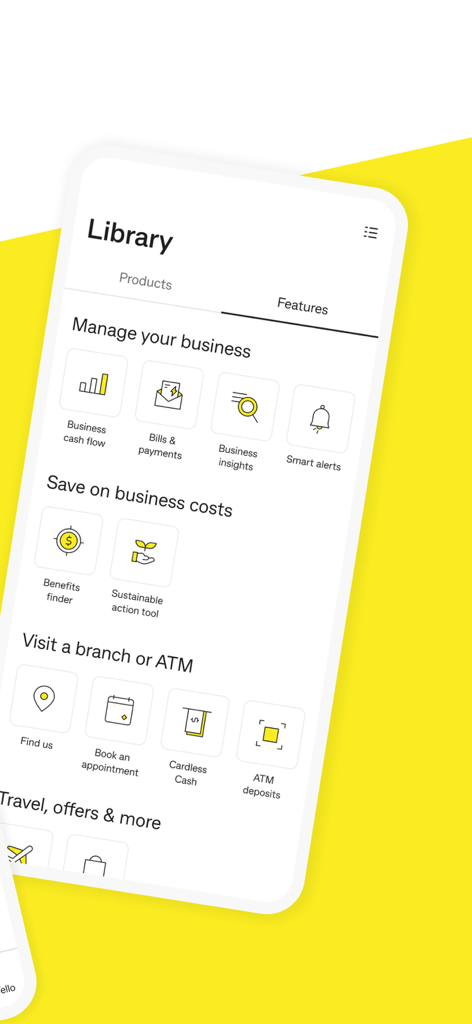 CommBank app Library screen showing business management tools and branch locator features