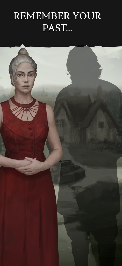 Character art of a woman in a red dress with a spectral silhouette of a village in the background