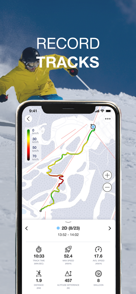 Skill: Ski, MTB, Hike Tracker - Skill app screen showing a GPS ski track on a map with detailed statistics.
