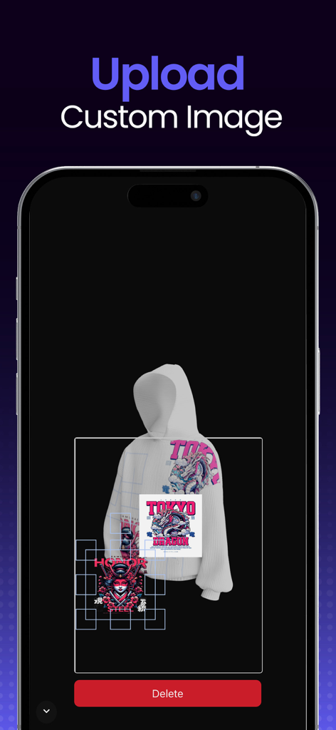 Interface of 3DMockups app showing a white hoodie with custom graphic design uploads.