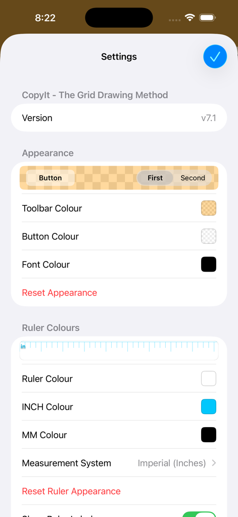 CopyIt The Grid Drawing Method - Pantalla de configuración de la aplicación CopyIt que muestra opciones de personalización de apariencia y color de regla