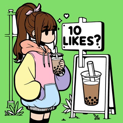 girl with oversized hoodie drinking boba and she has a high ponytail with a sign that says 10likes?
