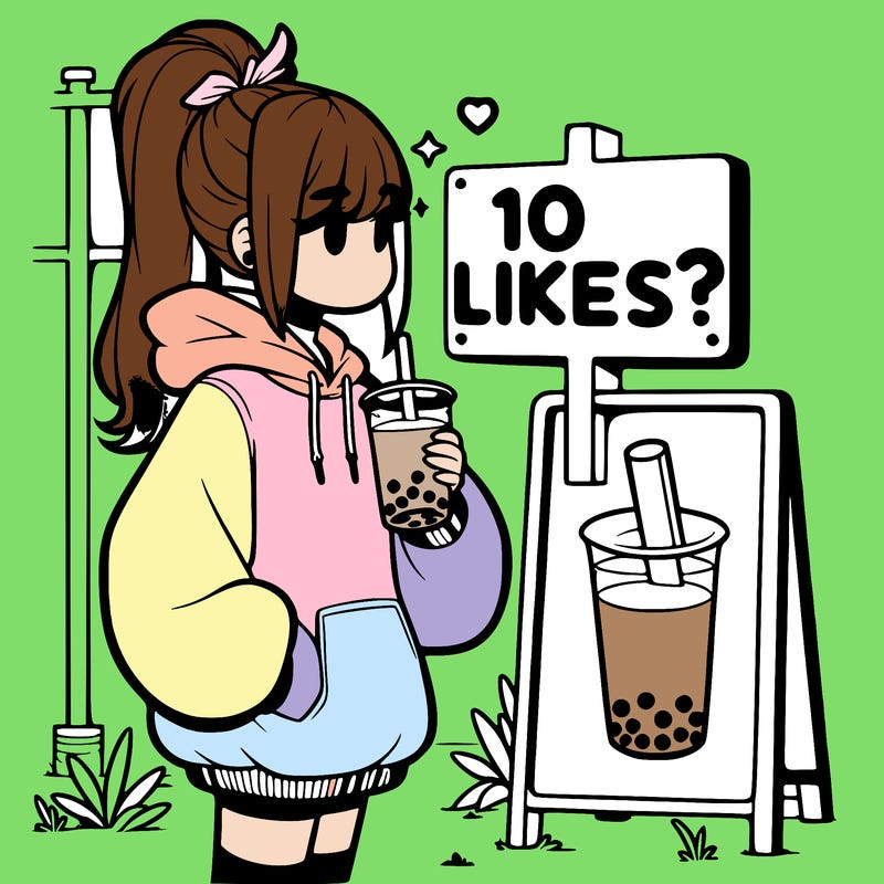 girl with oversized hoodie drinking boba and she has a high ponytail with a sign that says 10likes?