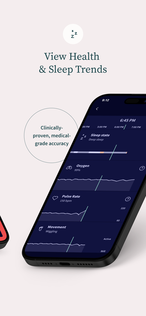 산소 및 맥박수 차트가 있는 영아 건강 및 수면 추세를 표시하는 Owlet Dream 앱 인터페이스