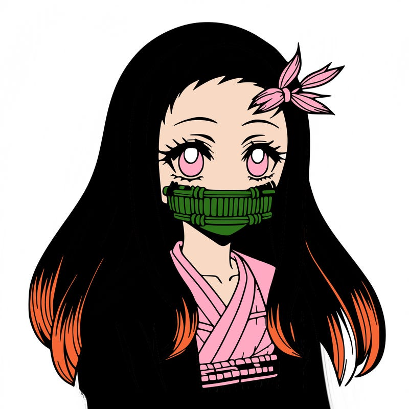 nezuko anime girl with bamboo muzzle and black hair with dyed ends