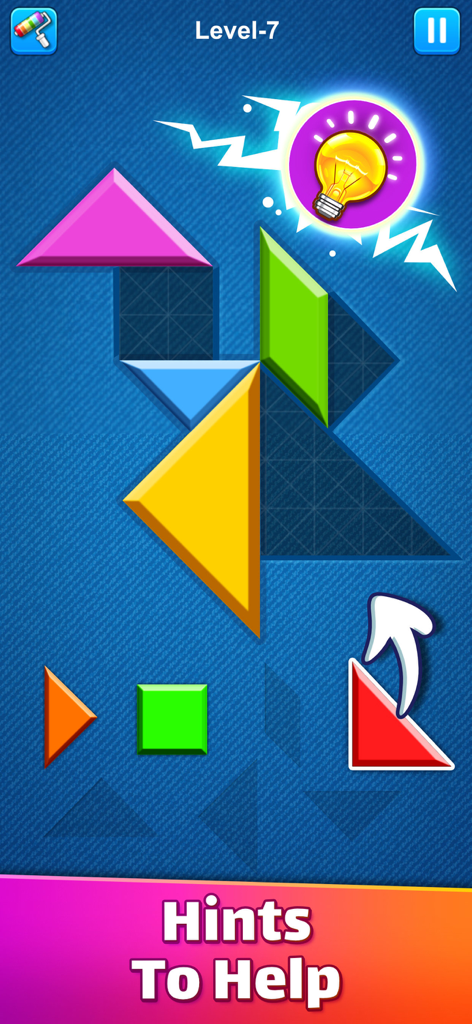 Gameplay-Screenshot eines bunten Tangram-Rätsels mit geometrischen Formen und einer Glühbirnen-Symbol-Hilfe.