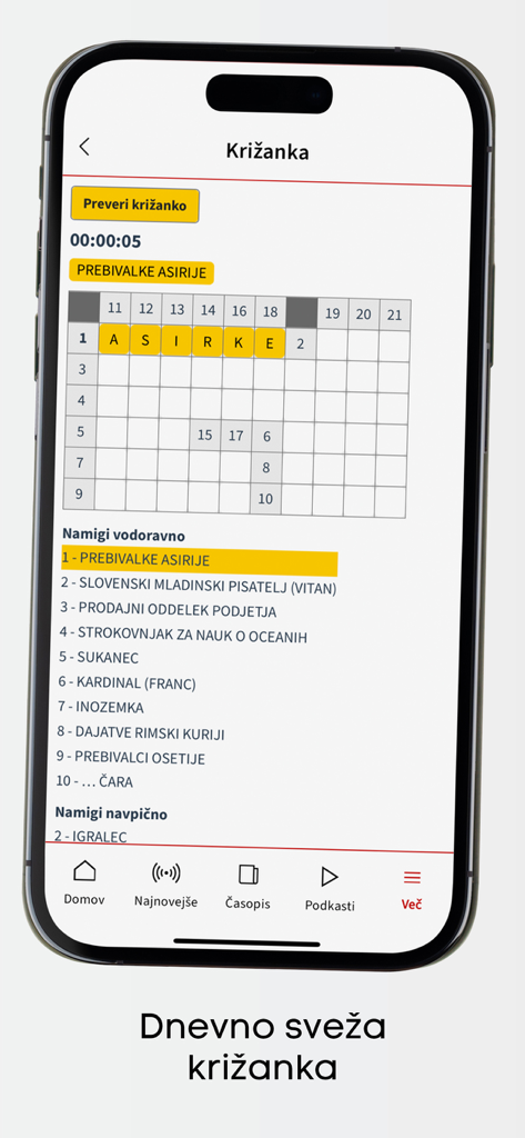 Slovenske novice - Interfaccia di un cruciverba giornaliero sloveno sull'app mobile Slovenske novice