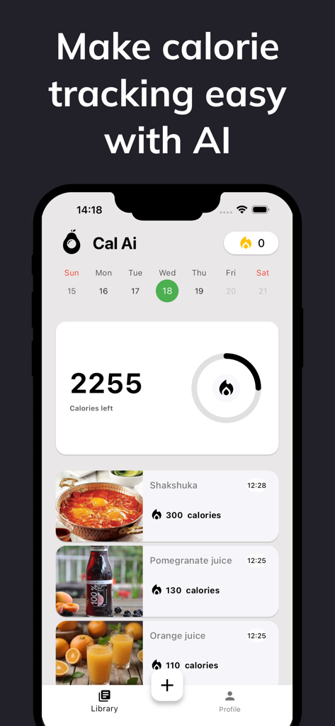Fit AI: AI Food Tracker - Smartphone screen showing the Fit AI app dashboard with a calorie counter and a history of logged food items like shakshuka and juice.