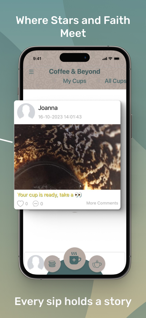 Smartphone-Bildschirm mit der Benutzeroberfläche der Coffee and Beyond App mit einer Kaffeesatzlesung und mystischen sozialen Funktionen