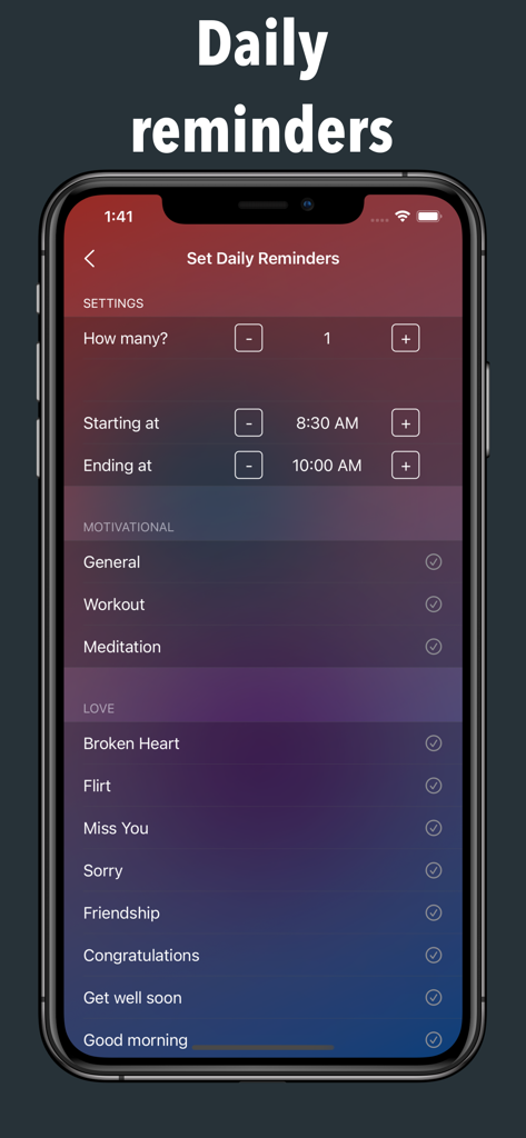 Love Quotes - Daily Reminders - Interface para definir lembretes de citações diárias por frequência, hora e categoria