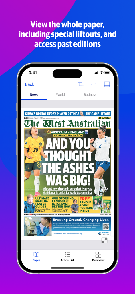 Digital newspaper replica on The West Australian mobile app showing sports headlines.