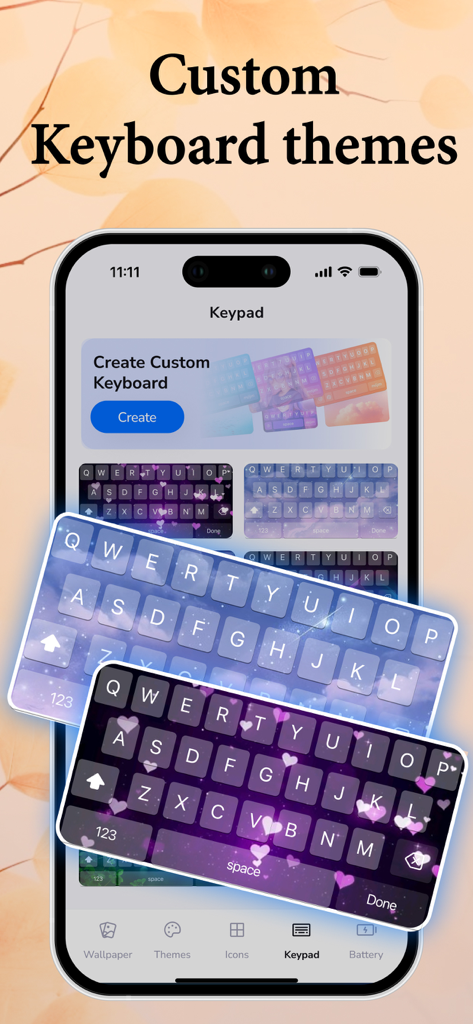 Custom keyboard themes with aesthetic starry and heart patterns for iPhone.