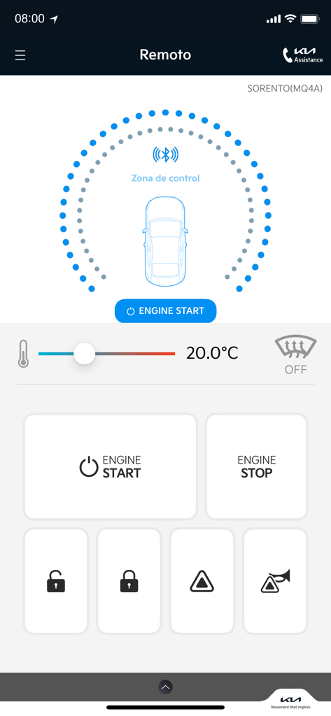 User interface of the My Kia Plus app showing remote engine start and vehicle climate control options