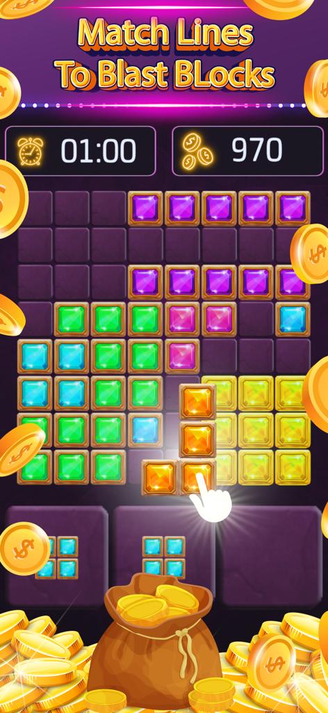 Block Puzzle Win Real Money - カラフルな宝石と金色の報酬が表示されたパズルグリッドを示すBlock Puzzle Win Real Moneyのモバイルゲーム画面。