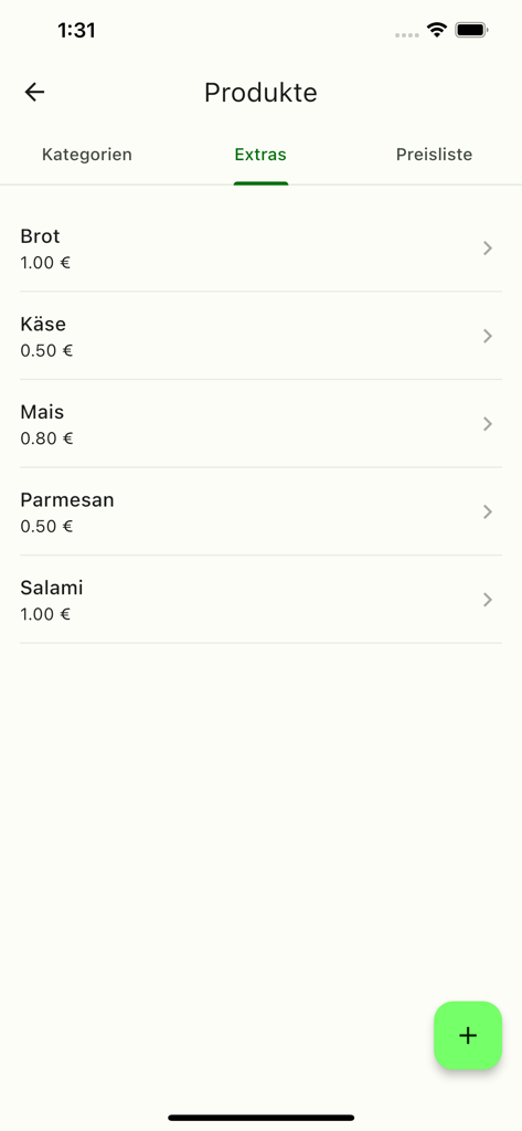 Order App – Mobile Ordering - Interface of the Order App showing a list of extra food items like bread and cheese with their prices