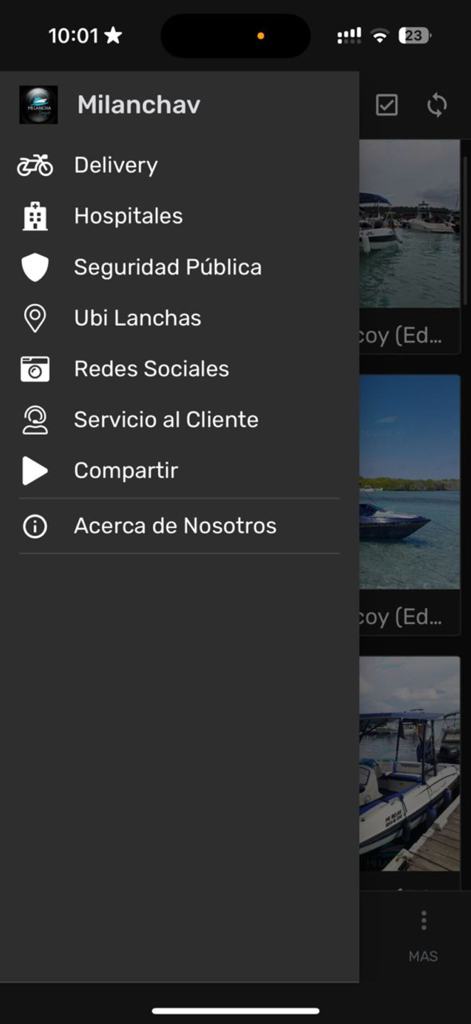 MIlanchaV - Sidebar menu of the MIlanchaV app featuring boat rental and hospitality services