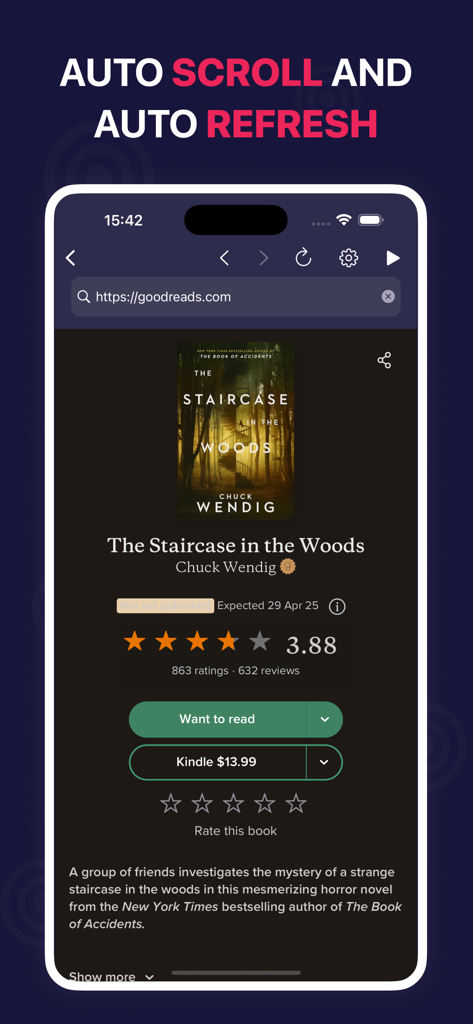 AutoClicker - Automatic Tapper - Interface of AutoClicker app showing the auto scroll and auto refresh features while browsing a book on Goodreads