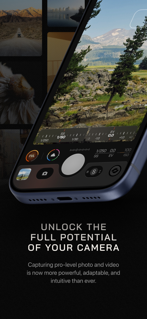 Moment Pro Camera II - Moment Pro Camera II 앱 인터페이스, iPhone에서 수동 노출 및 셔터 속도 제어를 보여줌