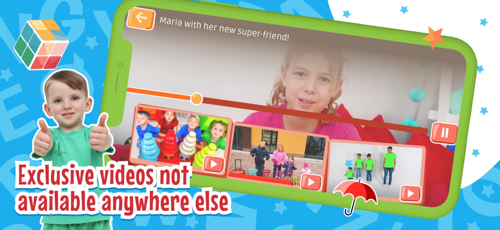 Vania Mania Kids Games & Video - Vania Mania Kids app interface showing exclusive videos for children