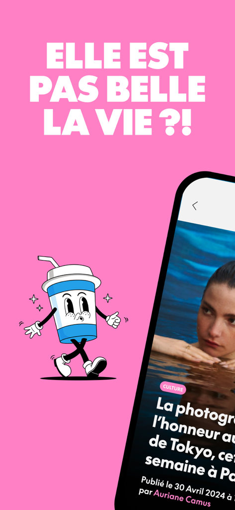 Le Bonbon - Le Bonbonアプリの紹介画面。ピンクの背景に、カルチャー記事のプレビューが表示されています。