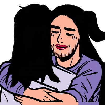 a man with a buzz cut hugging another man with short hair