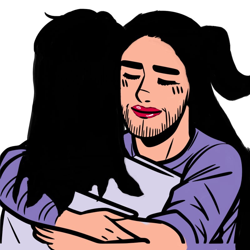 a man with a buzz cut hugging another man with short hair