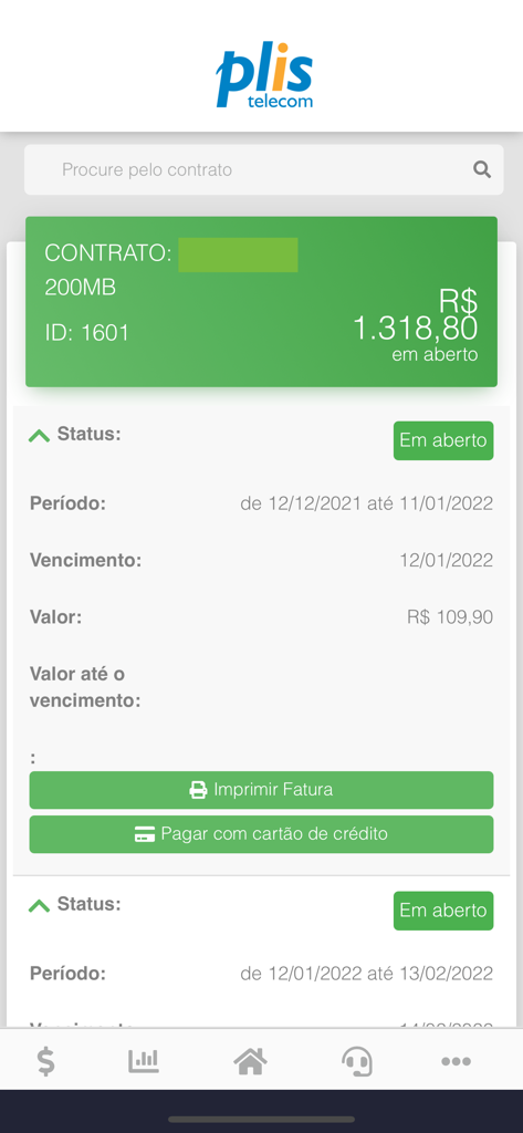 Plis Telecom - Plis Telecom app subscriber center interface showing internet bill details and payment buttons