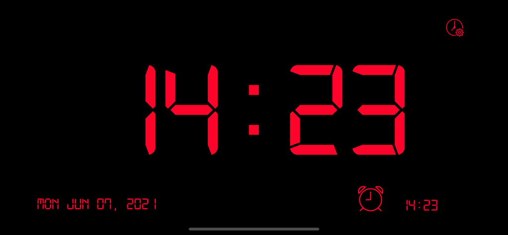 Großes rotes digitales Zifferblatt auf schwarzem Hintergrund mit Uhrzeit und Datum