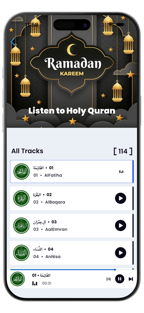 Offline Quran MP3 Audio - Interface do aplicativo móvel mostrando uma lista de faixas de Sura do Alcorão com um cabeçalho temático de Ramadan Kareem e controles do reprodutor de áudio