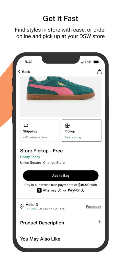 DSW Designer Shoe Warehouse - DSW app product page displaying free in-store pickup option for a teal Puma sneaker.