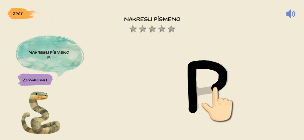 Školáček EDU - Una mano infantil trazando la letra P en la interfaz de una aplicación educativa checa.