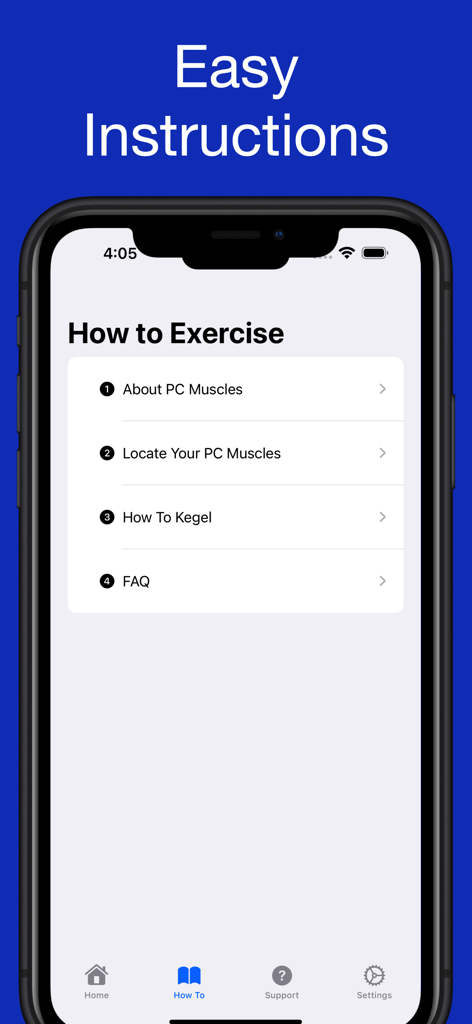 iPhone screenshot of the Kratos Kegel Workout app showing the How to Exercise menu with sections for locating muscles and exercise guides.
