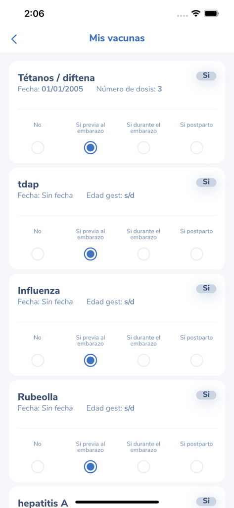 MiSip - Tela de histórico de vacinação no aplicativo MiSip mostrando registros de vacinação pré-natal para tétano, gripe e rubéola