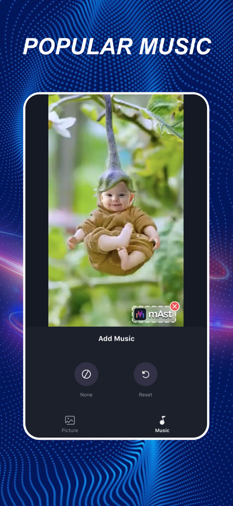 mAst - Short Video Maker App - Interface of the mAst app showing the popular music selection and add music feature for video templates