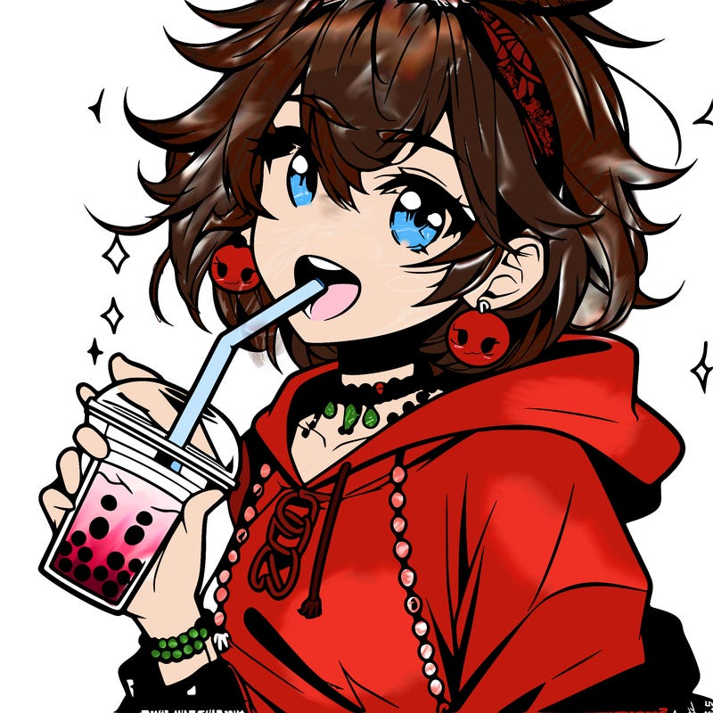 hot baddie anime girl drinking boba and biting the straw