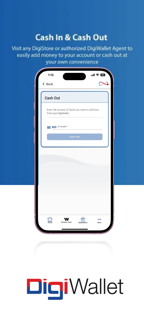 Pantalla de retiro de efectivo de la aplicación móvil DigiWallet BZ mostrando opciones de retiro de fondos