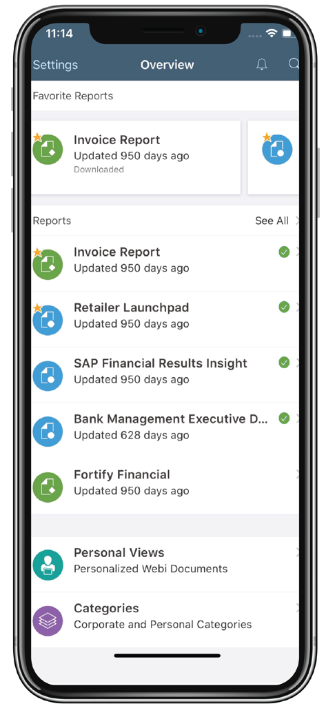 SAP BusinessObjects Mobile - Vue d'ensemble du tableau de bord montrant une liste de rapports d'entreprise dans l'application SAP BusinessObjects Mobile.