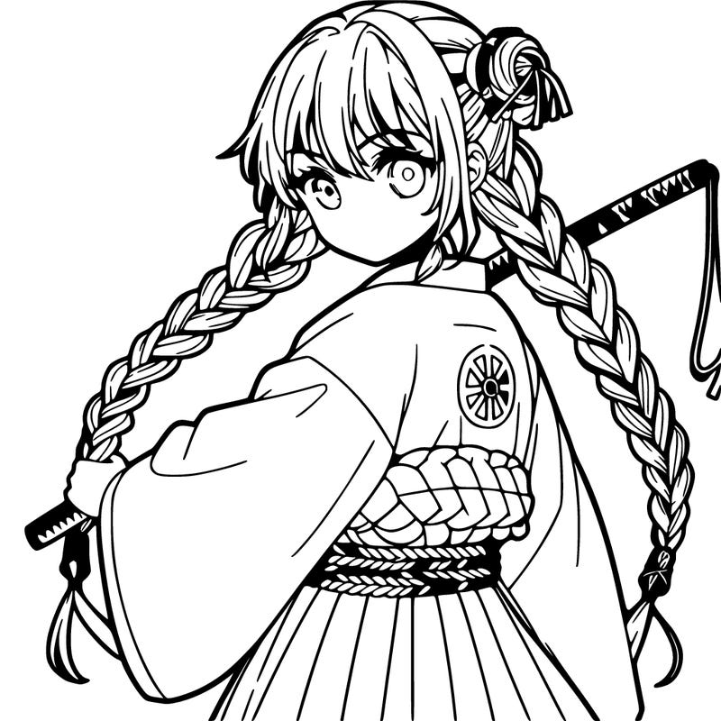 anime girl with three braids and a katana whip