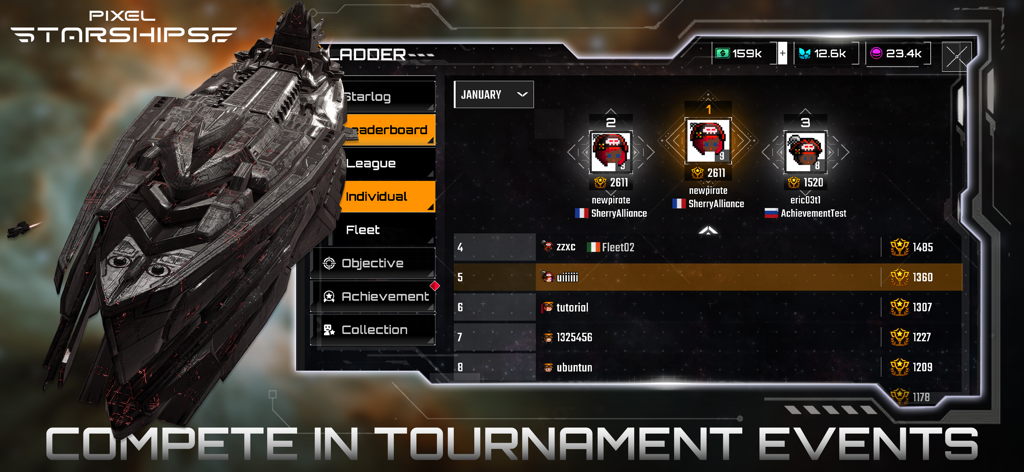 Pixel Starships 2 - Écran de jeu Pixel Starships 2 montrant le classement du tournoi et les classements des meilleurs joueurs individuels