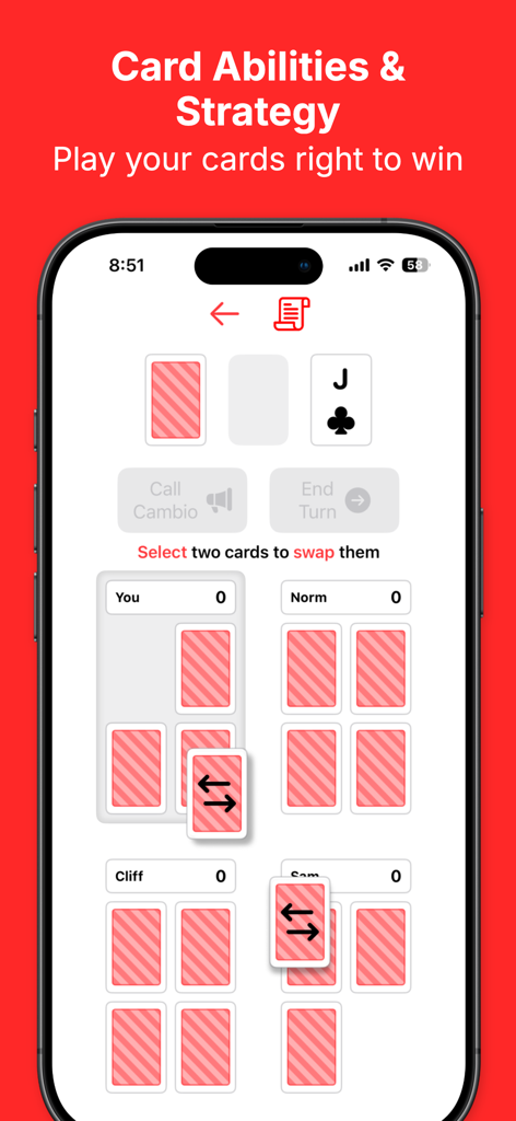 Cambio - Card Game - Gameplay screenshot of Cambio card game showcasing card swap abilities and strategy