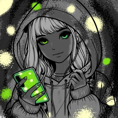 realistic girl with oversized hood and holding a phone