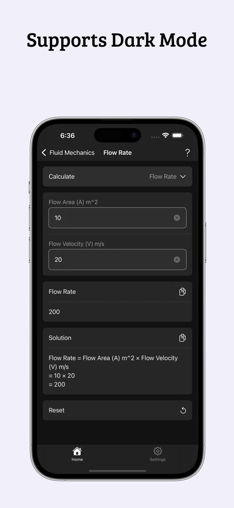 Fluid Mechanics Calculator - Fluid Mechanics Calculator interface in dark mode showing a flow rate calculation with step by step solution