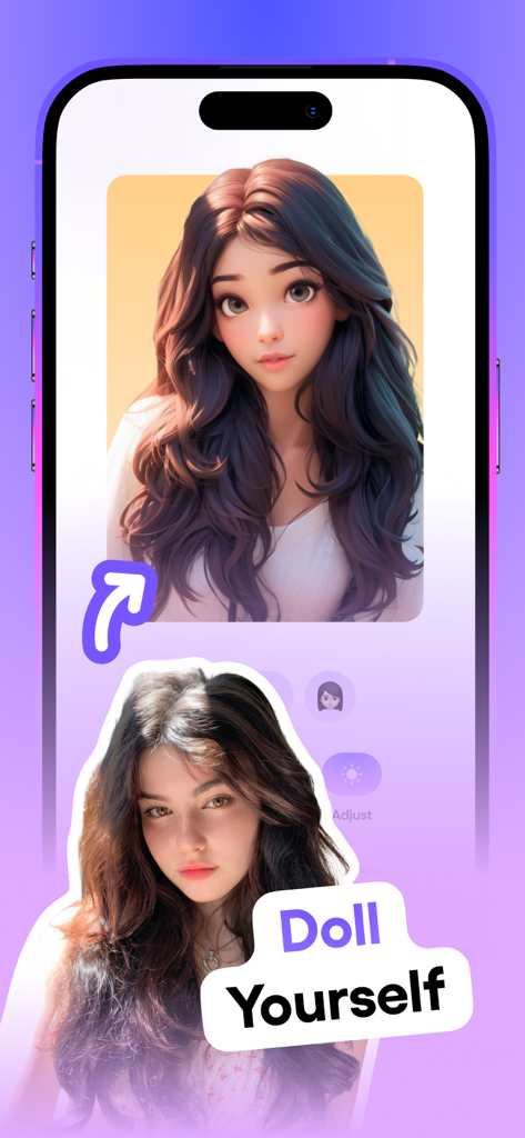 Una foto real transformada en un avatar de muñeca estilizada usando el filtro IA de Cartoon Yourself