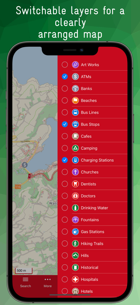 Capture d'écran de l'application carte hors ligne Malte et Gozo montrant un menu pour basculer les couches de carte comme les distributeurs automatiques, les arrêts de bus et les stations de recharge.