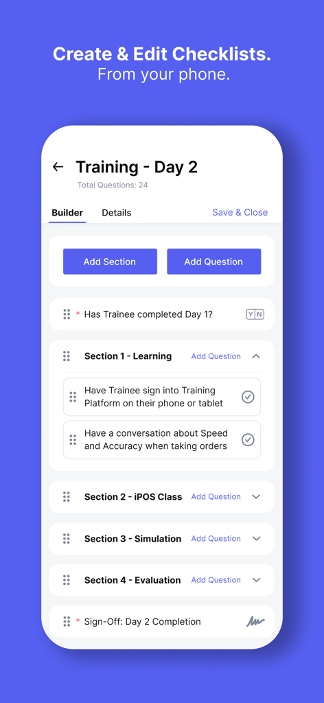 Mobile interface of the VSBL app showing a digital training checklist builder for restaurant staff